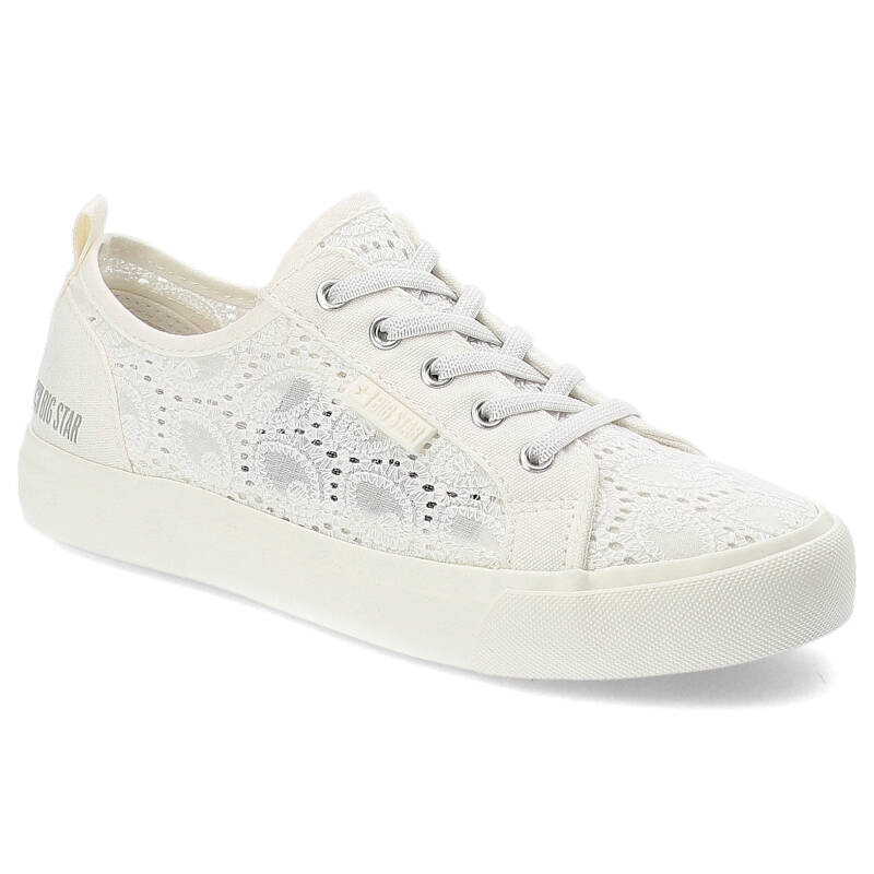 Trampki damskie Big Star, sznurowany wykonany z materiału z ażurowymi wycięciami na cholewce gumowa podeszwa w jednolitym kolorze, białe, JJ374012