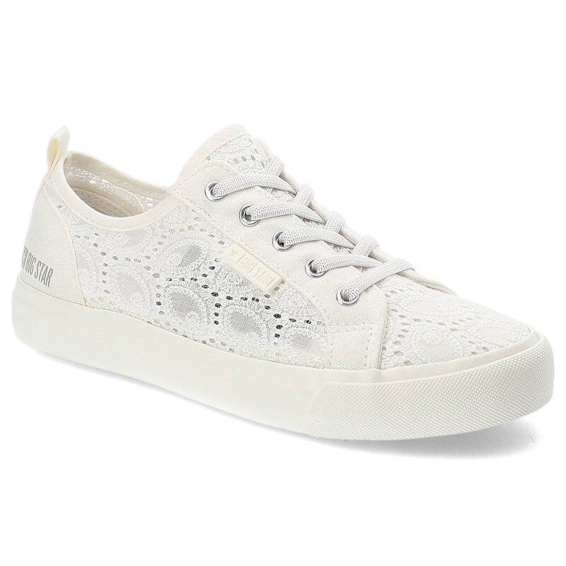 Trampki damskie Big Star, sznurowany wykonany z materiału z ażurowymi wycięciami na cholewce gumowa podeszwa w jednolitym kolorze, białe, JJ374012