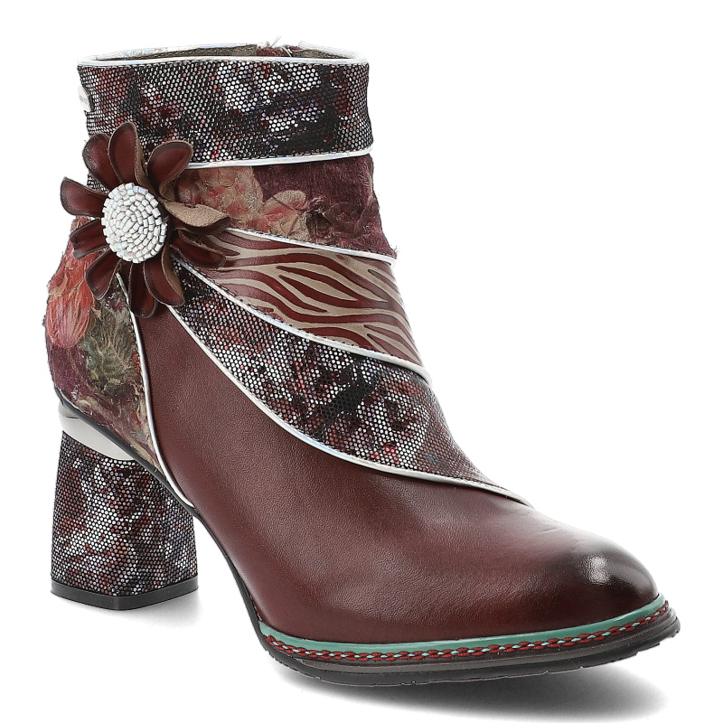 Botki damskie Laura Vita, skórzane na słupku bogato zdobione z kwiatem z okrągłym noskiem, wine, Kinoao-13