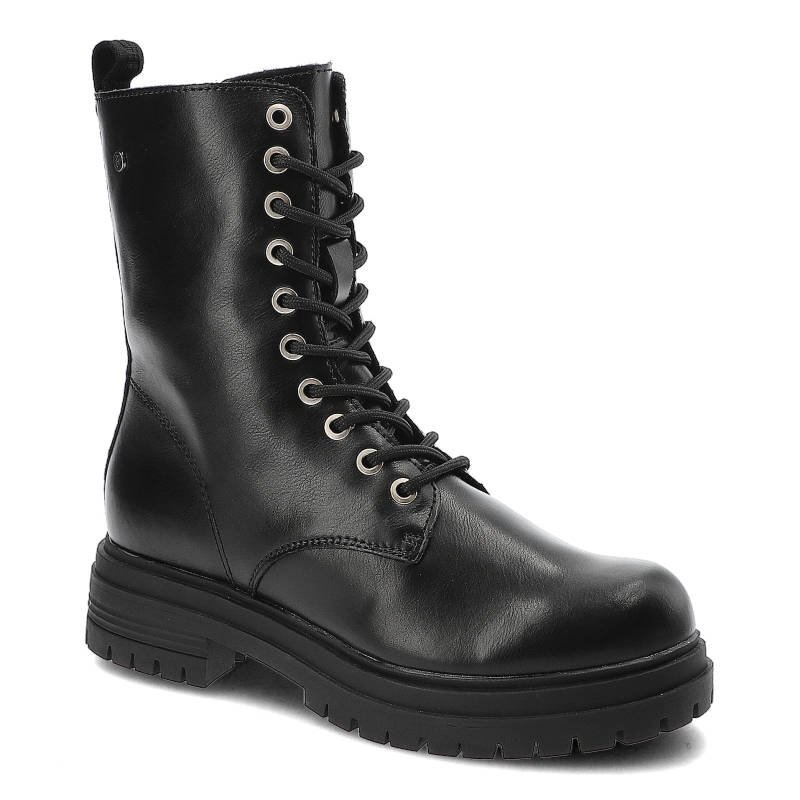 Botki damskie Filippo, ze skóry naturalnej licowej z wysoką sznurowaną cholewką metalowymi oczkami pętelką z tyłu, czarne, DBT4212/22 BK