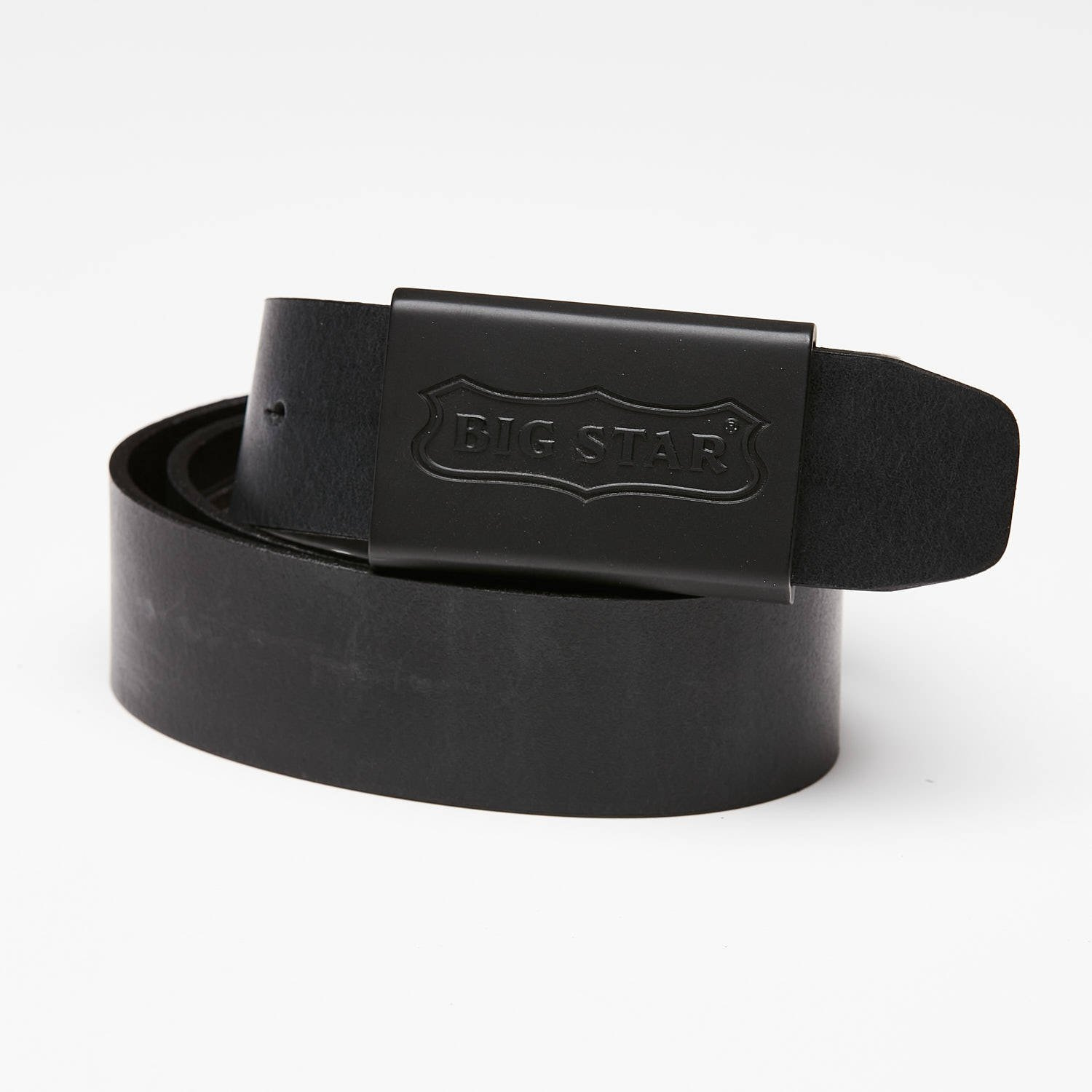 Pasek męski Big Star, naturalna skóra licowa w czarnym kolorze z prostą metalową klamrą z tłoczonym logo oraz klasyczną szerokością do codziennego uż