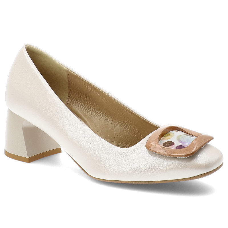 Czółenka damskie Espirito by Darex, eleganckie na obcasie z ozdobą z okrągłym noskiem wsuwane, białe, C-1396