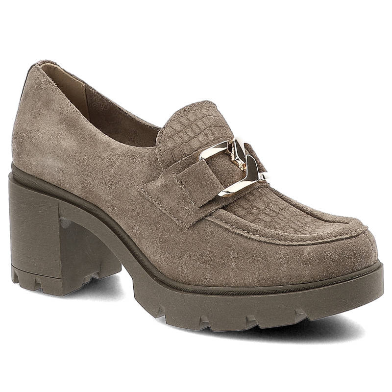 Półbuty damskie Lemar, naturalna skóra zamszowa masywna podeszwa na stabilnym obcasie dekoracyjny pasek, taupe-złote, 20097-W