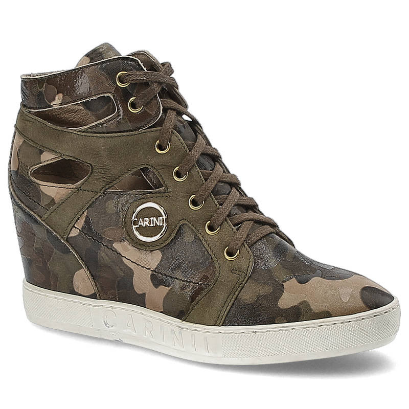 Sneakersy damskie Carinii, sznurowane i na koturnie, moro, B3909_-F33-I43-000-B88