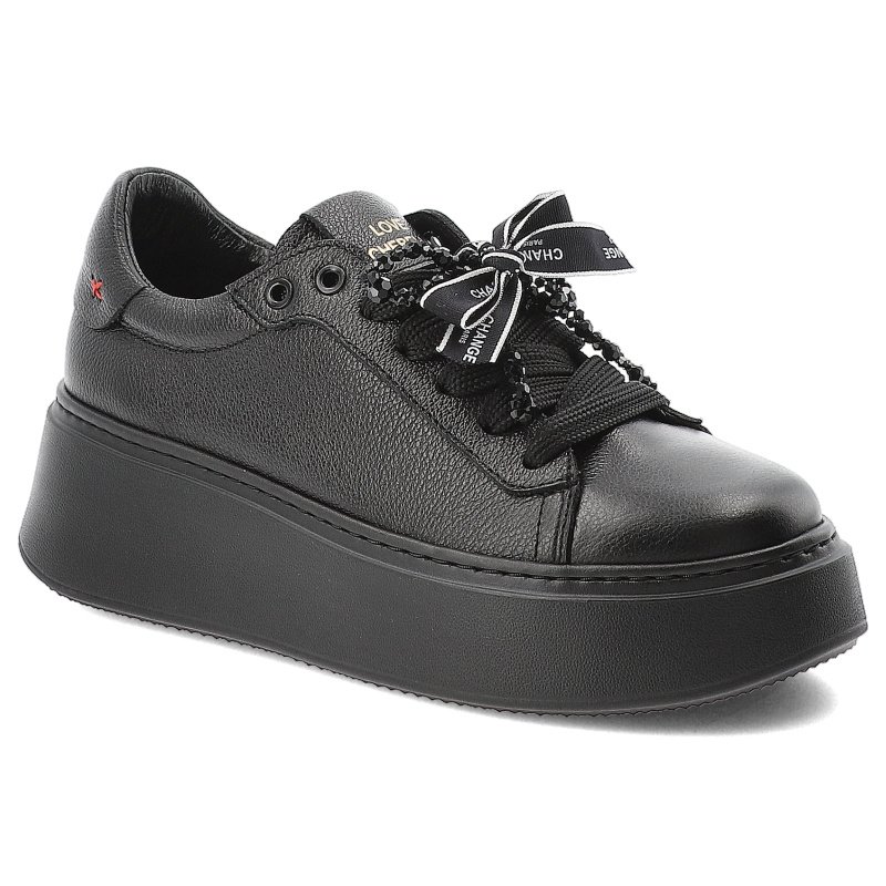 Sneakersy damskie Chebello, ze skóry licowej na platformie z kokardą sznurowane z okrągłym noskiem, czarne, 4726-161