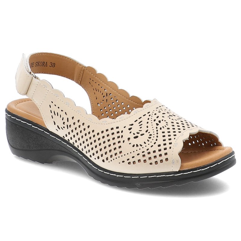 Sandały damskie Vinceza, na płaskim obcasie skórzane ażurowe z odkrytą piętą na rzepy, beżowe, 66738-BE