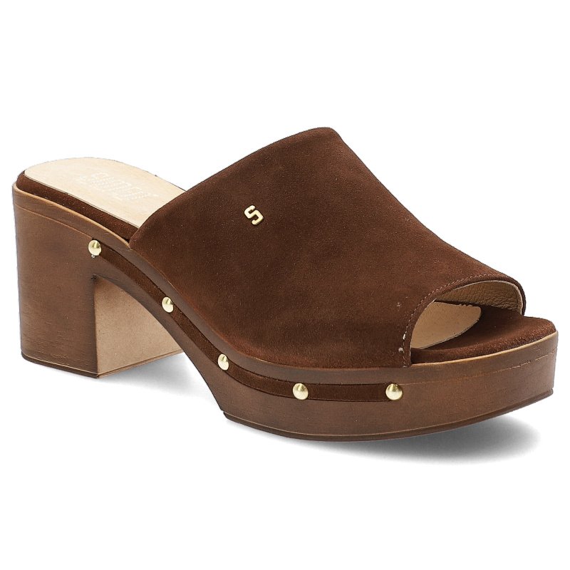 Klapki damskie Simen, skórzane na klocku z ozdobami eleganckie, brązowe, 6844A-K-W