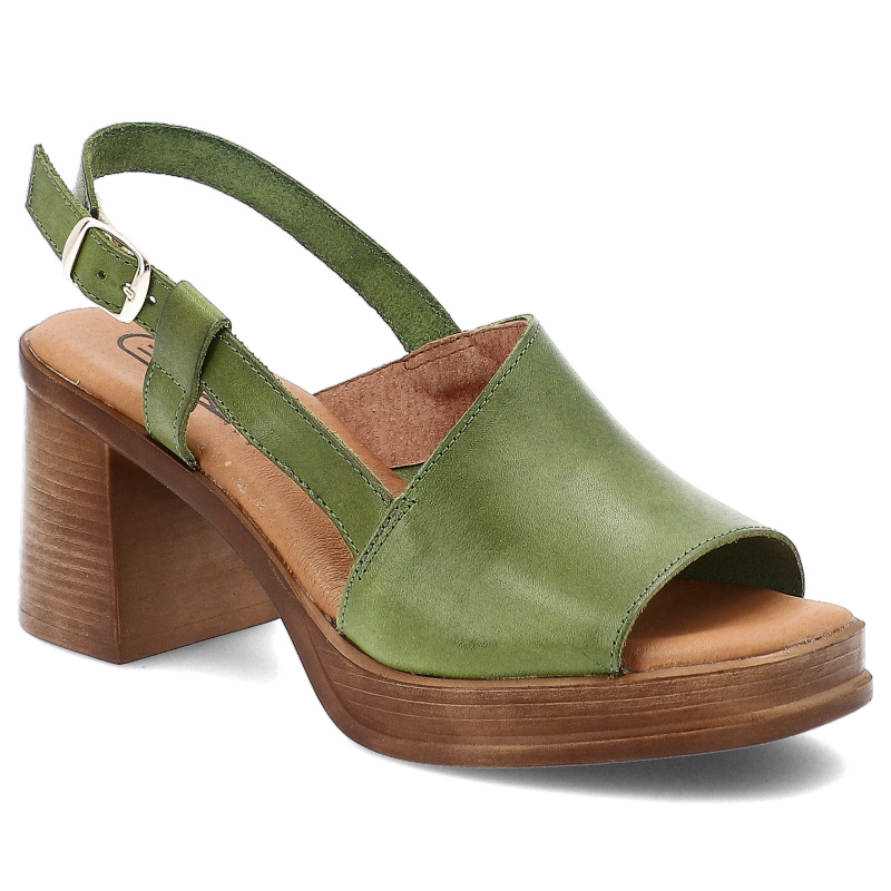 Sandały damskie HEE, skórzane na wysokim obcasie ze sprzączką wygodne, pistacjowe, 25544