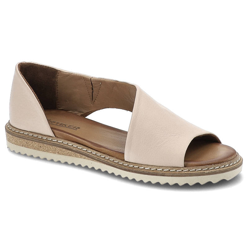 Sandały damskie Artiker, wykonane ze skóry naturalnej licowej z odkrytym przodem szerokimi paskami po bokach i przeszyciem wokół podeszwy, jasnoróżow