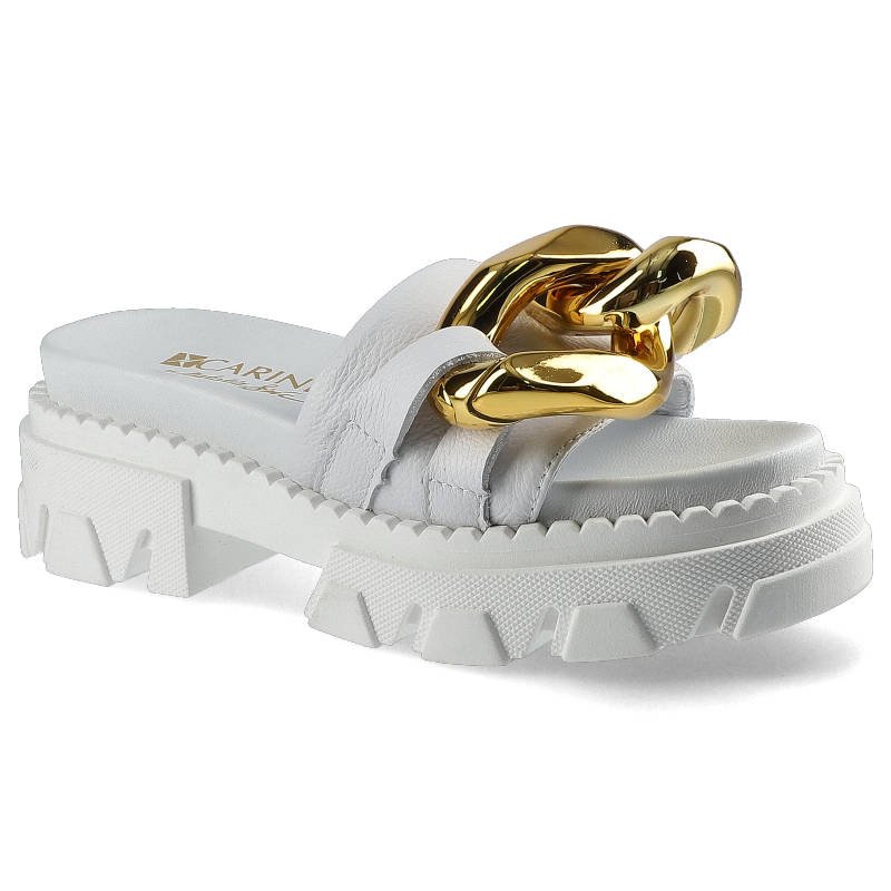 Klapki damskie Carinii, klapki na platformie cholewka z gładkiej skóry naturalnej szeroki pasek z ozdobnym metalowym łańcuchem masywna traktorowa pod