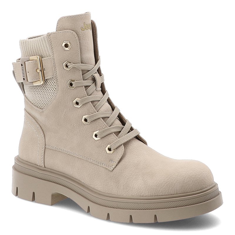 Botki damskie Jeep, trzewiki na płaskim obcasie za kostkę i zapinane na zamek, kremowe, JL52591A