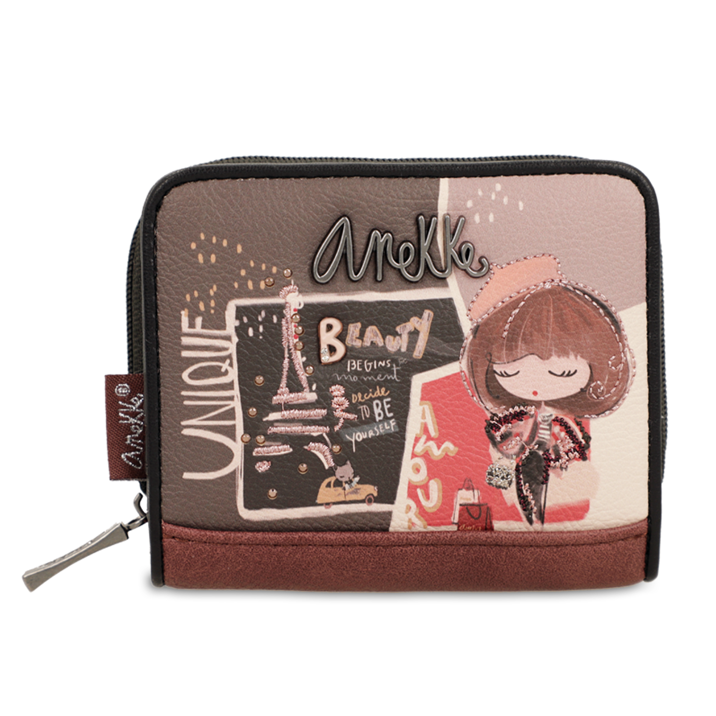 Portfel damski Anekke, mały we wzory z miejscem na zdjęcia na karty i na bilon, brązowy, 41809-903