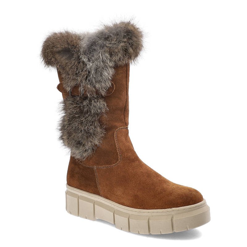 Kozaki damskie Pollonus, ocieplane z miękkim futerkiem i solidną platformą, rude z futerkiem, 5-1434-006