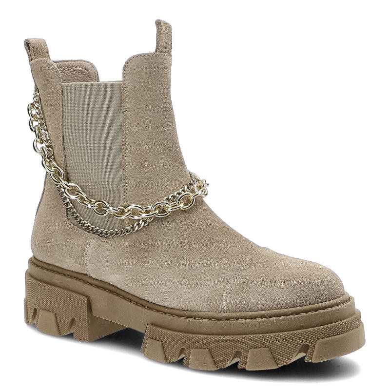 Botki damskie Karino, naturalna skóra zamszowa z elastyczną cholewką ozdobnym metalowym łańcuchem oraz masywną podeszwą, beżowe, 3952-001-P