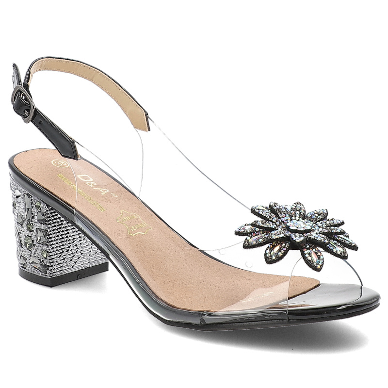 Sandały damskie S. Barski, z ozdobnym kwiatem transparentne eleganckie i ze sprzączką, czarne, MR51-002