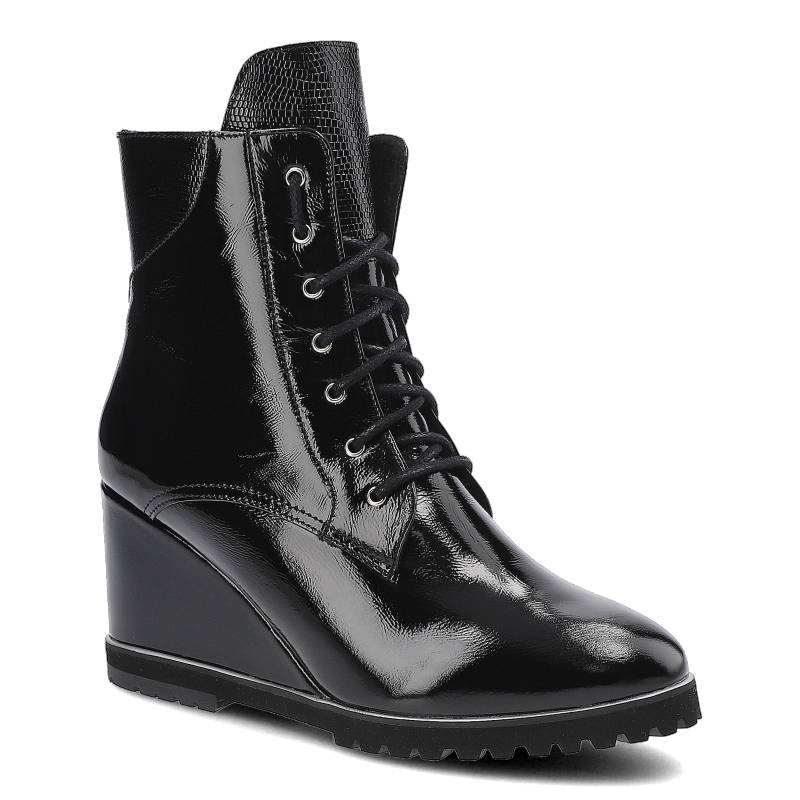 Botki damskie Libero, naturalna skóra lakierowana sznurowana cholewka za kostkę klinowy obcas profilowana podeszwa z bieżnikiem, czarne, 2430-460-470