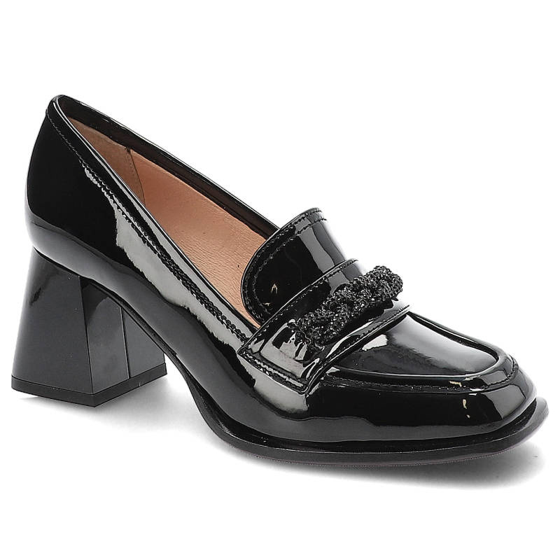 Półbuty damskie Simen, cholewka lakierowana ze skóry naturalnej wsuwany fason masywny geometryczny obcas, czarny, 5542A-L