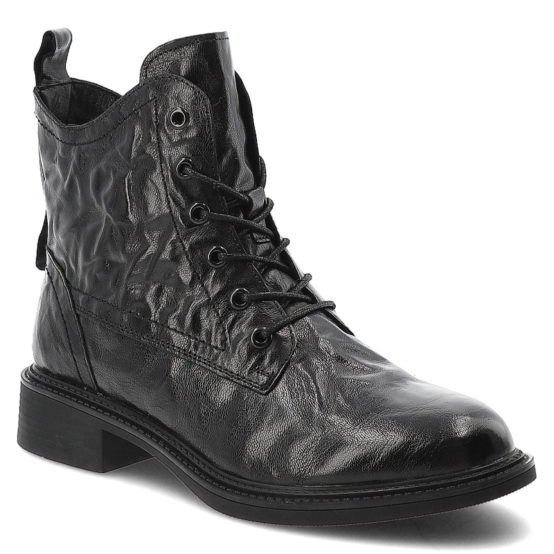 Botki damskie Artiker, licowa skórzana marszczona cholewka na płaskim obcasie i ocieplane futerkiem, czarne, 57C1006