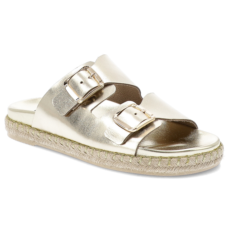 Klapki damskie Chebello, ze skóry naturalnej na platformie z klasycznymi klamrami, złote, S374-4650