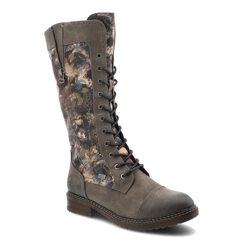 Kozaki damskie Rieker, na płaskim obcasie z wysoką zdobioną cholewką zapinane na zamek i sznurowane, szare, 94731-90