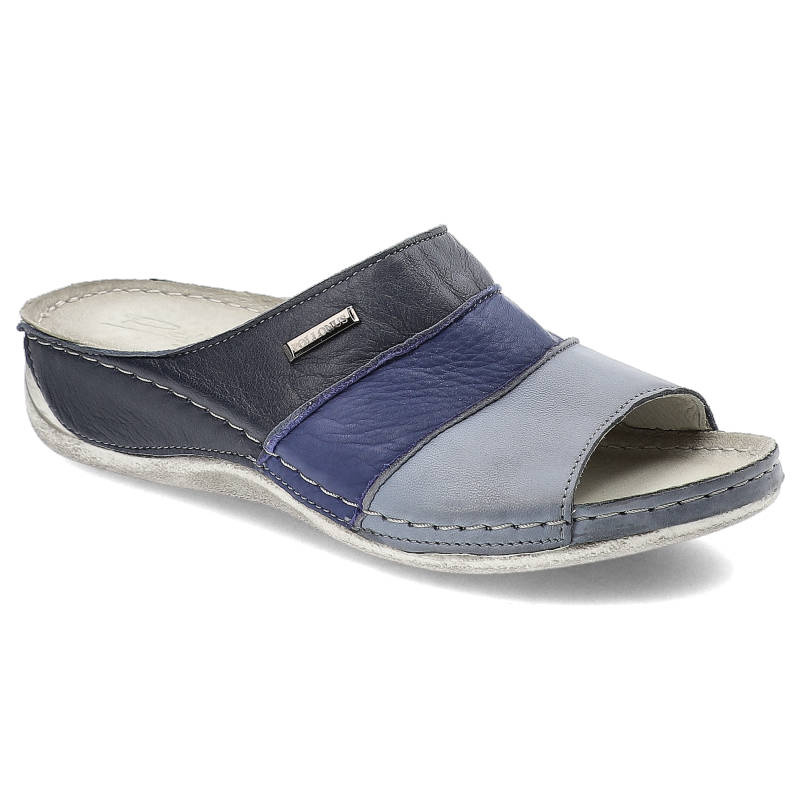 Klapki damskie Pollonus, ze skórzaną wkładką na płaskiej podeszwie, błękit niebieski granat, 5-0918