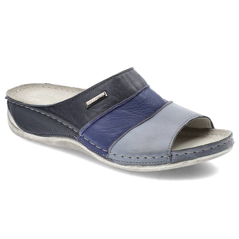 Klapki damskie Pollonus, ze skórzaną wkładką na płaskiej podeszwie, błękit niebieski granat, 5-0918