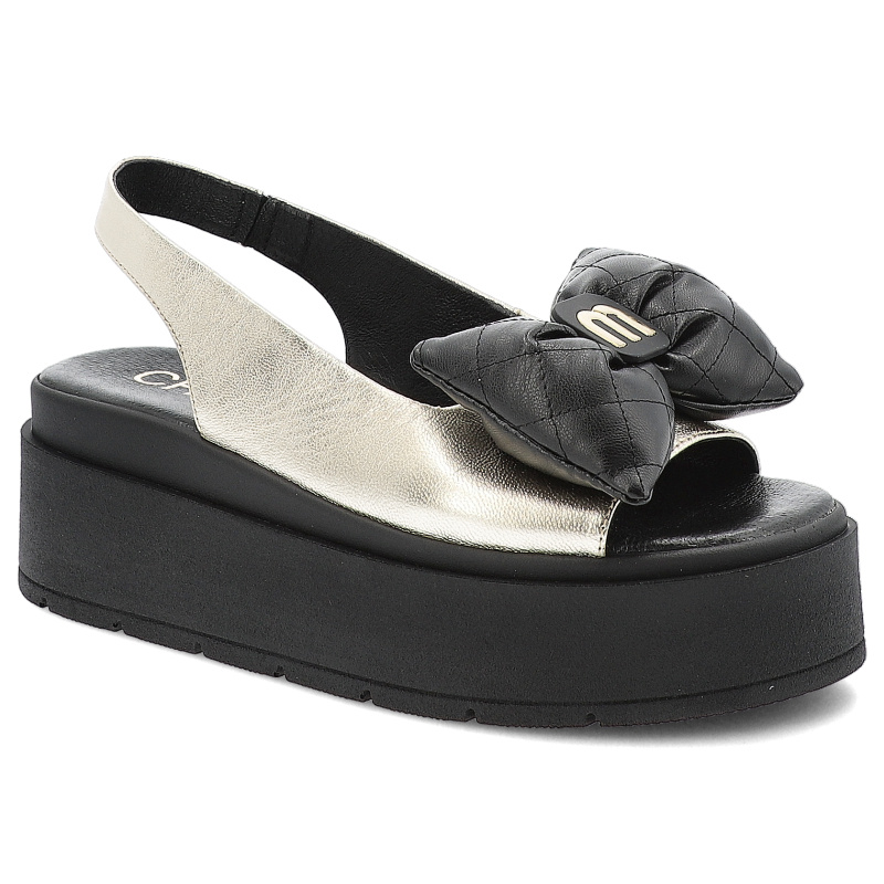 Sandały damskie Chebello, ze skóry naturalnej na wysokiej platformie z kokardą wsuwane, złote, 4641-046