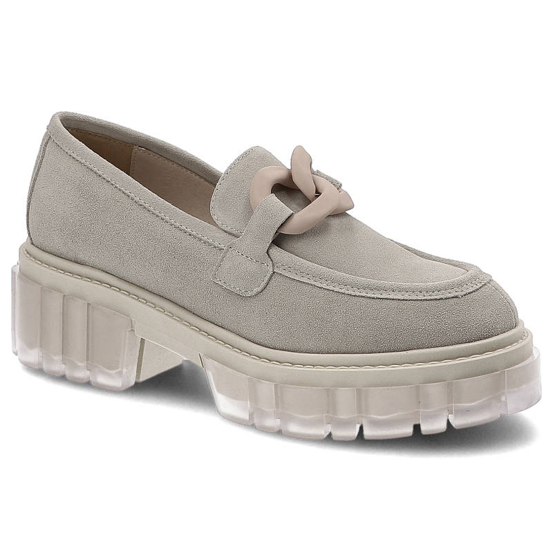 Półbuty damskie Karino, naturalna skóra zamszowa z gładką cholewką i masywną transparentną podeszwą, bez, 4269-001-P