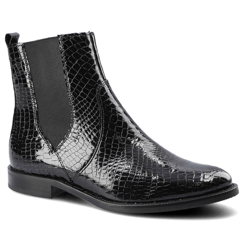 Botki damskie Dwunasty Shoes, fason z elastycznymi wstawkami lakierowana cholewka z tłoczoną fakturą niski stabilny obcas smukła konstrukcja eleganck