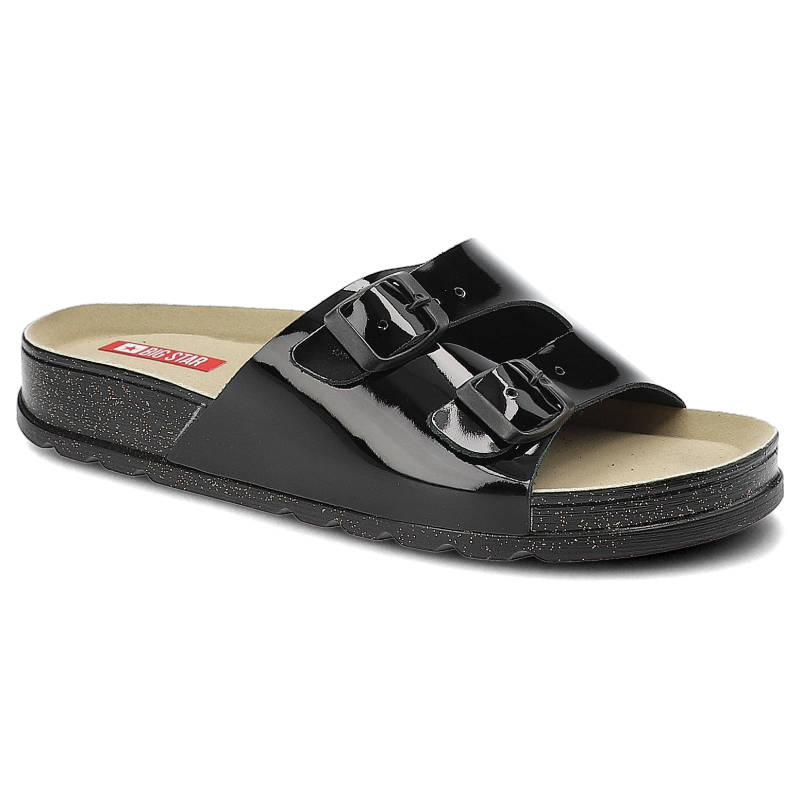 Klapki damskie Big Star, materiał syntetyczny lakierowany z dwoma szerokimi paskami regulowanymi klamrami, czarne, JJ276040