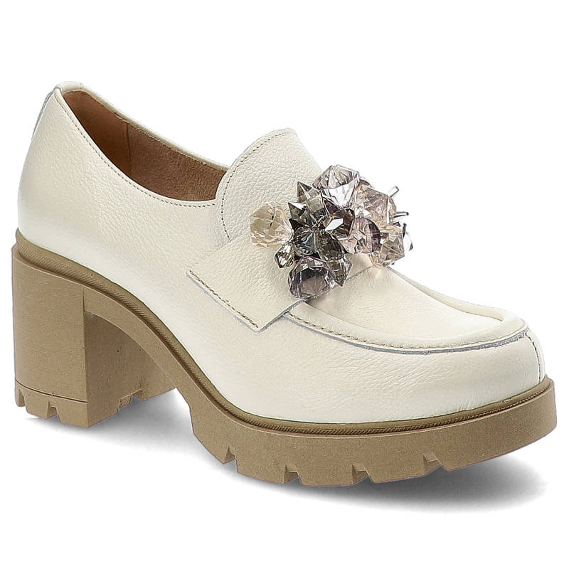Półbuty damskie Lemar, cholewka ze skóry naturalnej wsuwany fason stabilny obcas dekoracyjna ozdoba biżuteryjna, t bianko, 20112