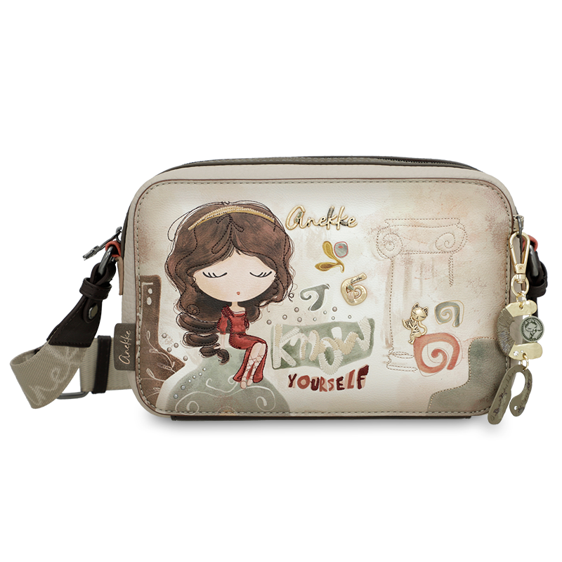 Torebka damska Anekke, mała z regulowanym paskiem na ramię i zapięciem na suwak, beżowa, 42703-447