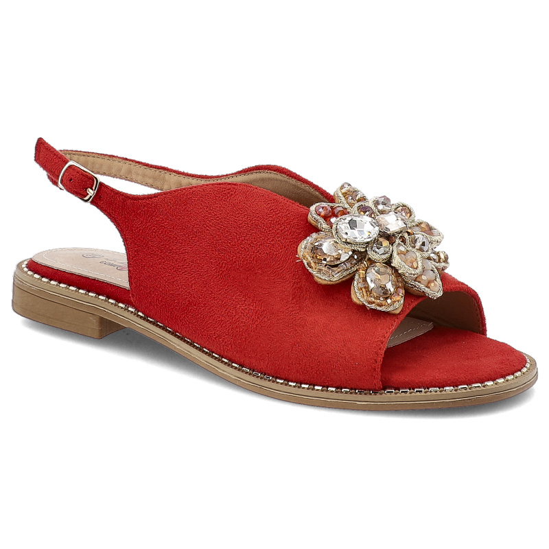 Czerwone Sandały S.Barski Eleganckie Obuwie Damskie Z Modną Broszką
