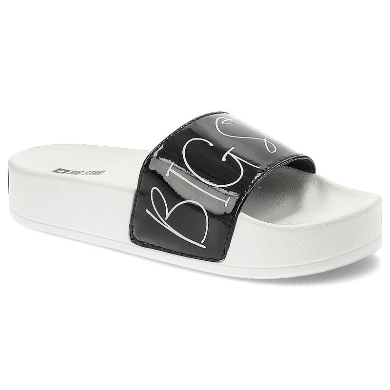 Klapki damskie Big Star, szeroki pasek z dekoracyjnym nadrukiem wsuwany fason bez zapięć lekka profilowana podeszwa, biały/czarny, JJ274A276