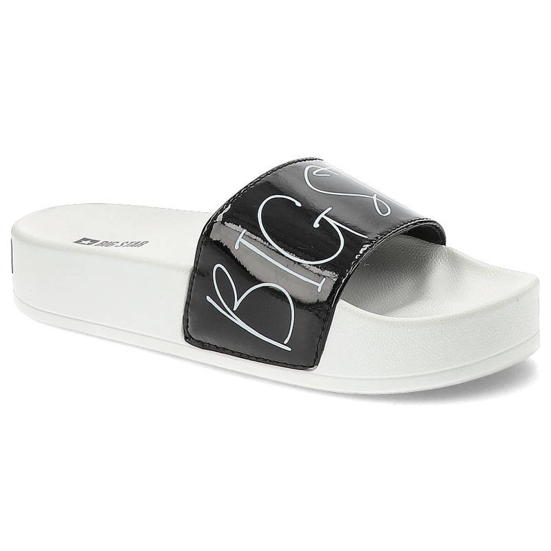 Klapki damskie Big Star, szeroki pasek z dekoracyjnym nadrukiem wsuwany fason bez zapięć lekka profilowana podeszwa, biały/czarny, JJ274A276