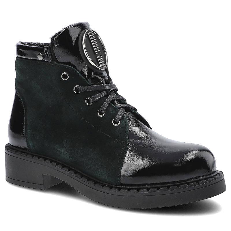 Botki damskie Pollonus, cholewka wykonana ze skóry naturalnej sznurowanie dodatkowe zapięcie na suwak usztywniony zapiętek stabilna konstrukcja podes