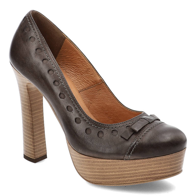 Półbuty damskie Szydłowski, skóra naturalna z uroczą kokardą na palcami i z wysokim stabilnym słupkiem, ciemnobrązowe, 181-Ciemny-Brazowy-MT-003