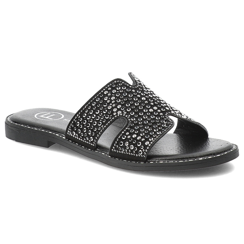 Klapki damskie Filippo, materiałowe zdobione na płaskim obcasie eleganckie, czarne, DK6973-25-BK