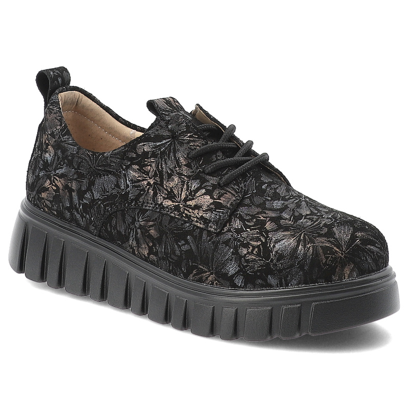 Sneakersy damskie Filippo, skórzane we wzorki na platformie z okrągłym noskiem i sznurowane, czarne w kwiaty, DP6846-25-BK-FL