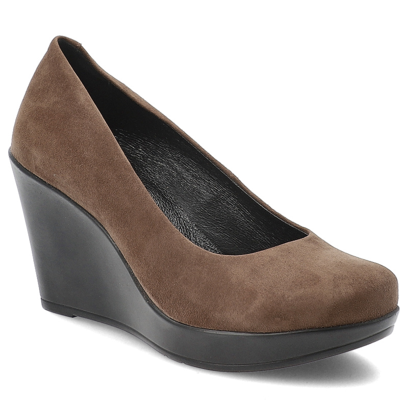 Czółenka damskie Karino, na wysokim stabilnym koturnie eleganckie skórzane wsuwane i wygodne, brązowe, 1224-015-P