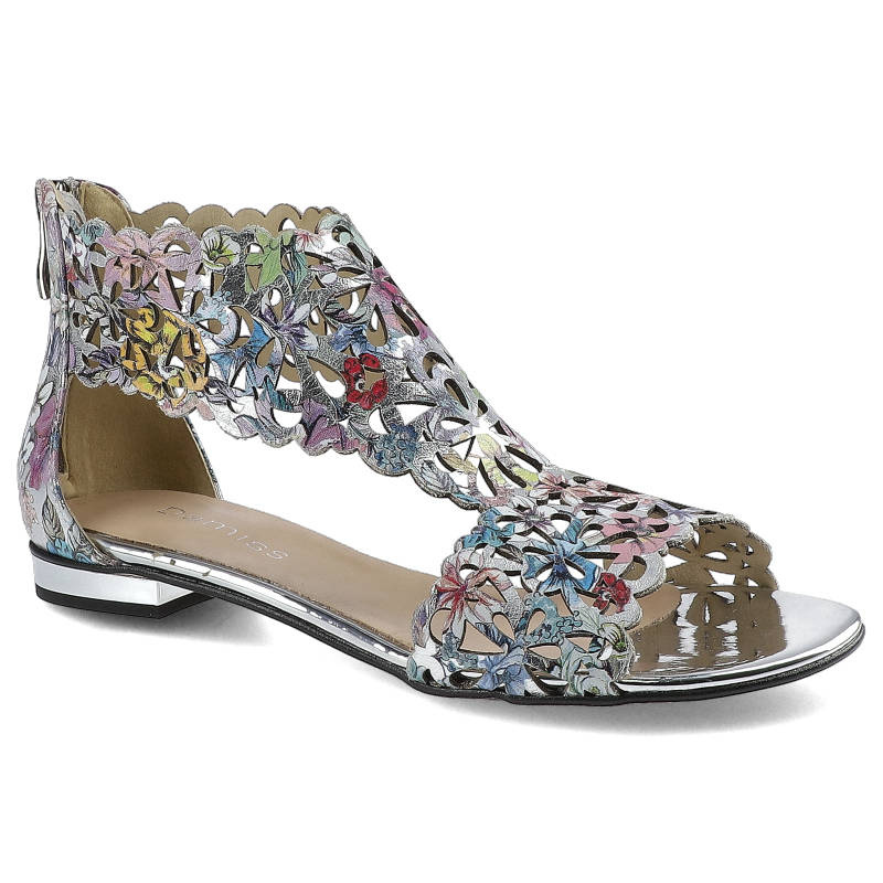 Sandaly damskie Damiss, sandały płaskie zabudowany bok cholewka ze skóry naturalnej ażurowej z wielokolorowym nadrukiem zapięcie na suwak z tyłu cien