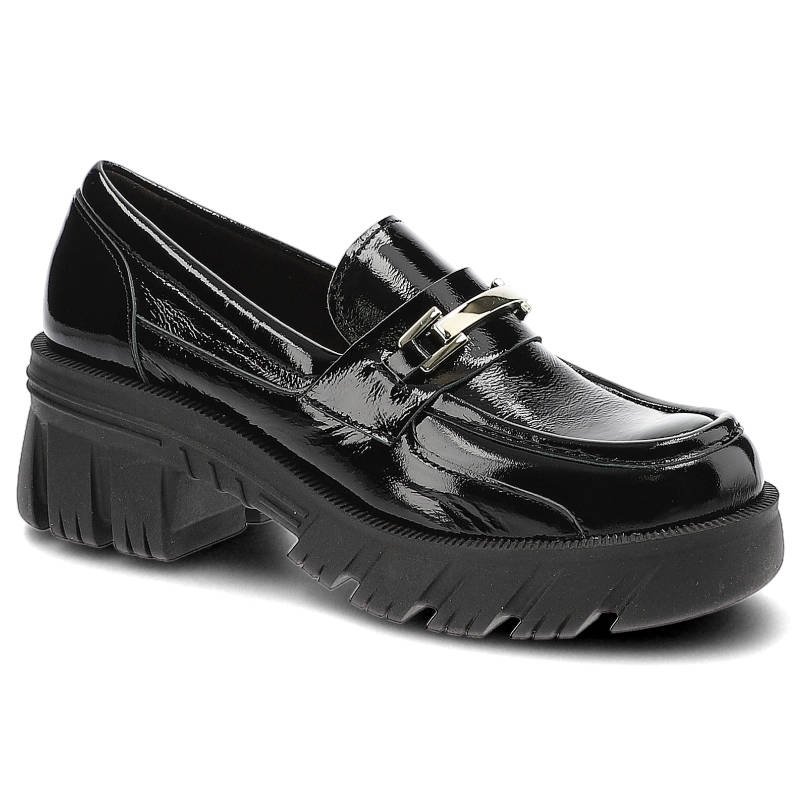 Półbuty damskie Lemar, lakierowana skóra naturalna masywna podeszwa o rzeźbionej strukturze metalowy detal, naplak czarny/zł, 20110