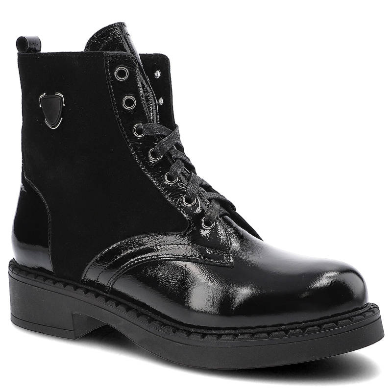 Botki damskie Pollonus, cholewka wykonana ze skóry naturalnej sznurowane zapięcie elementy lakierowane usztywniony zapiętek podwyższona podeszwa, cza