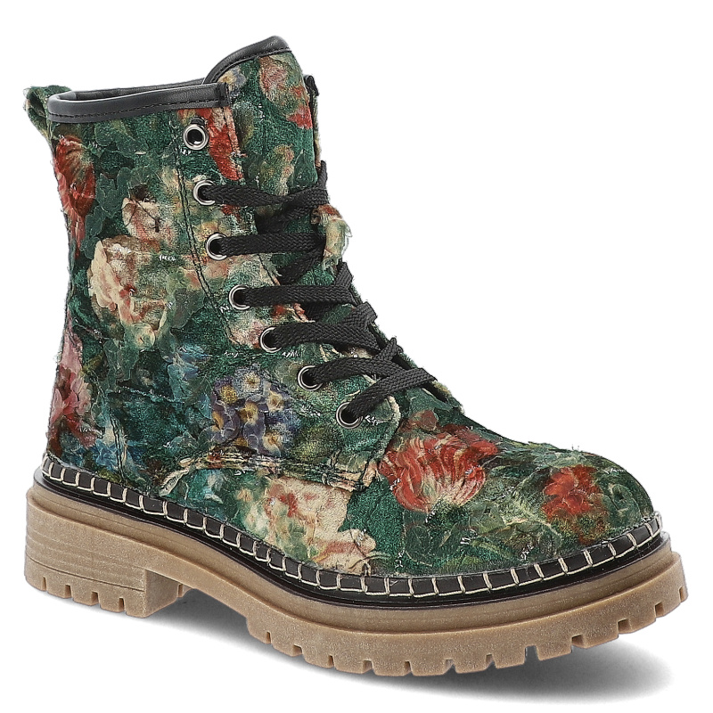 Botki damskie Artiker, materiałowe w kwiaty na płaskim obcasie i z okrąłym noskiem, zielone, 57C1053