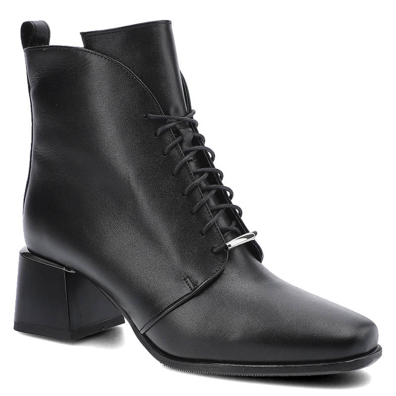 Botki damskie Karino, naturalna skóra licowa z klasycznym sznurowaniem zabudowaną cholewką oraz stabilnym obcasem, czarne, 3876-076-F