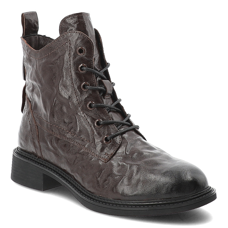 Botki damskie Artiker, skórzane z marszczoną cholewką na płąskim obcasie i okrągłym noskiem, brązowe, 57C1005