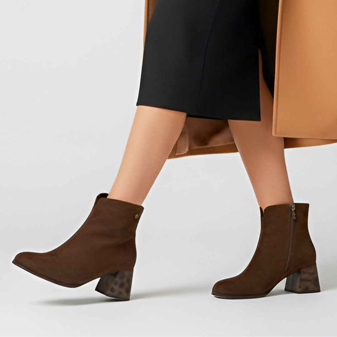 Botki damskie Maciejka, na obcasie we wzory i ze skóry naturalnej z ociepleniem, brązowe, K7202-02-00-8