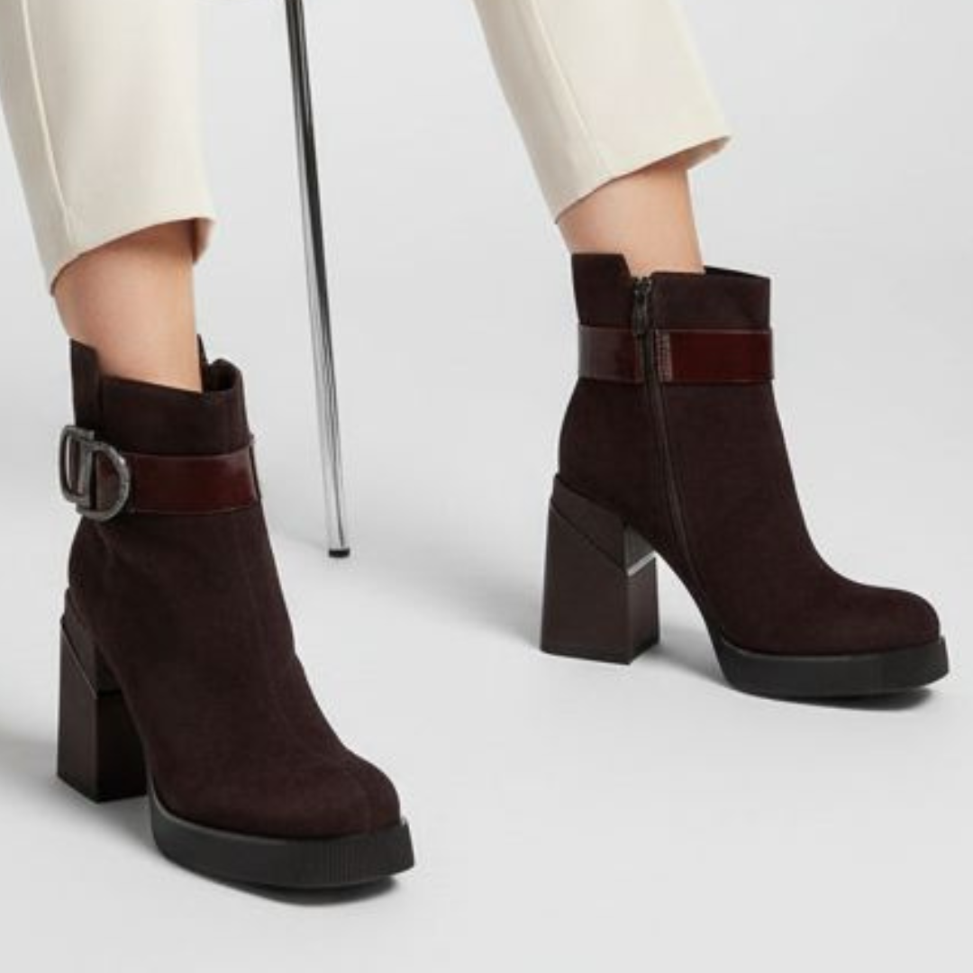 Botki damskie Filippo, na wysokim obcasie stabilne i ocieplane futerkiem, bordowe, DBT7183-25-BG