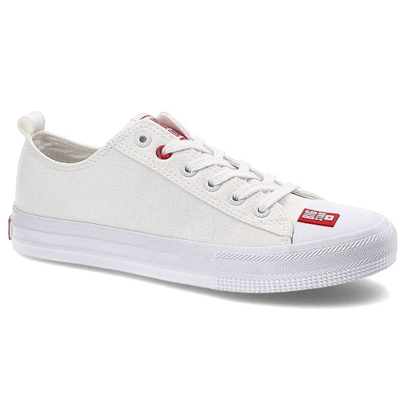 Trampki unisex Big Star, niski model sznurowany wykonany z materiału tekstylnego z metalowymi przelotkami gumowym noskiem i białą gumową podeszwą, bi