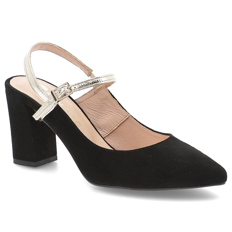 Czarne Czółenka Armodo Eleganckie Obuwie Damskie Ze Złotym Paseczkiem